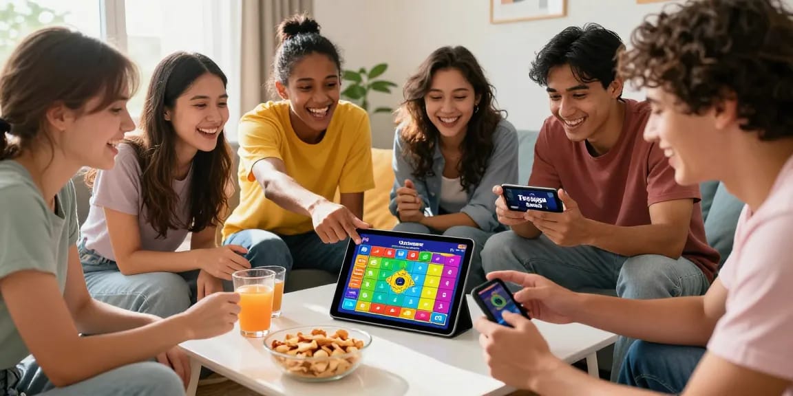 Tiranga Games mobile gaming scene with friends enjoying color prediction games in a vibrant living room.