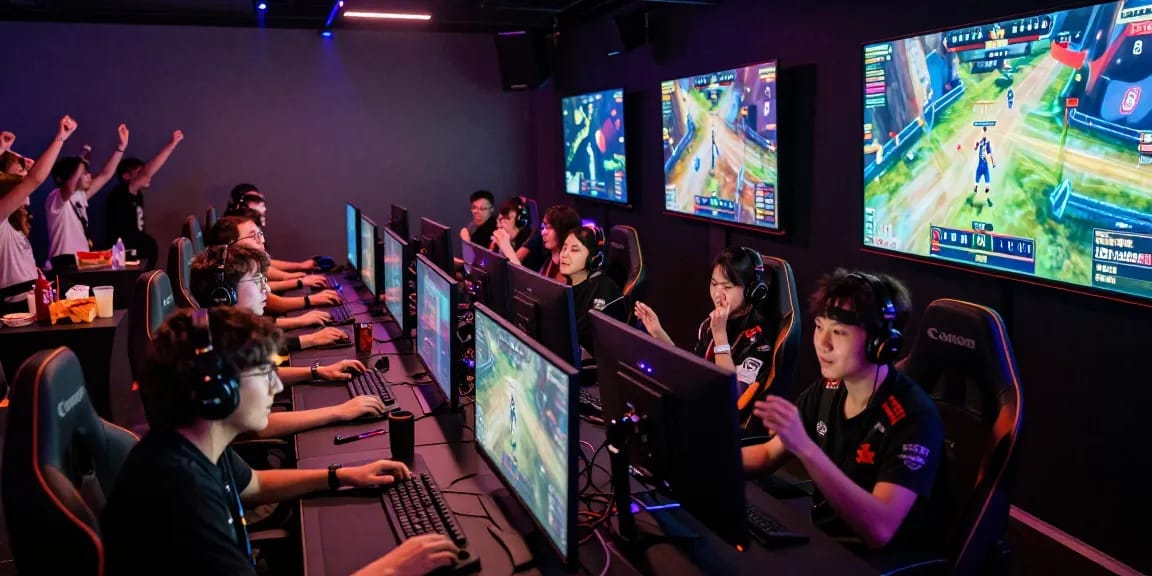 Hit club esports arena with gamers focused on screens and cheering crowd.