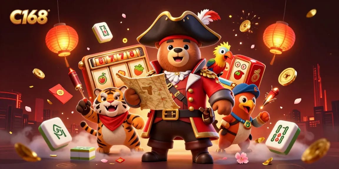 C168 casino scene featuring a bear captain, tiger first mate, and golden parrot amidst dynamic game elements and rich decorations.