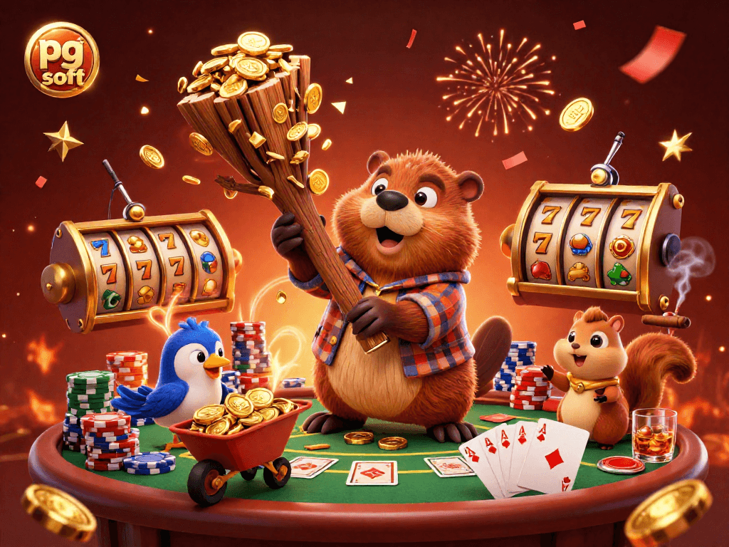 Spin to win with pg soft's energetic slot reels, beaver and companions celebrating coins!