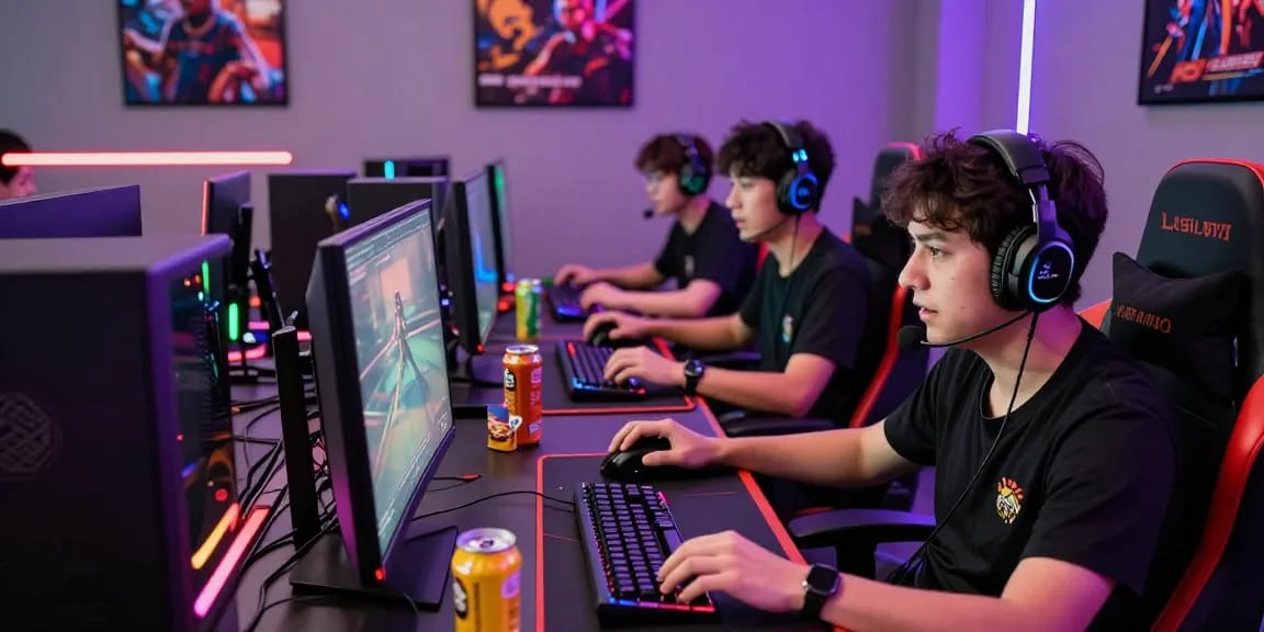Gamer sedang berkompetisi di terjun4d dengan suasana penuh semangat dan pencahayaan RGB.