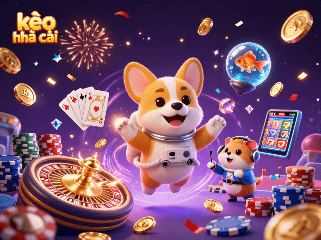 Engaging kèo nhà cái scene with a cartoon corgi in a space casino directing a vibrant floating gaming environment.