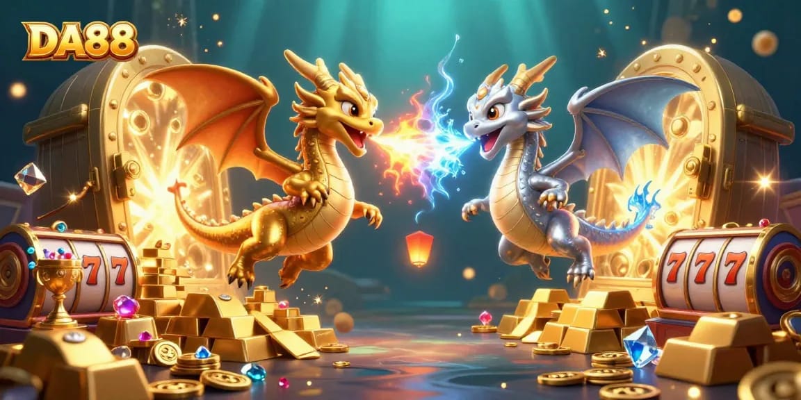 DA88 slot game illustration featuring gold and silver dragons amidst jackpot treasures.