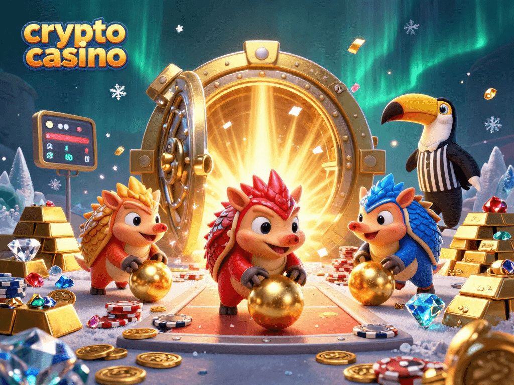 Engaging scene with pangolins in a crypto casino, rolling poker chips, and vibrant treasures.