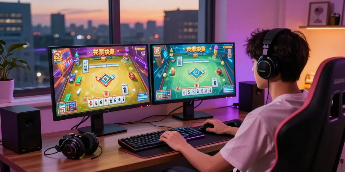 Player enjoying Mahjong Ways on dual monitors in a vibrant gaming setup.