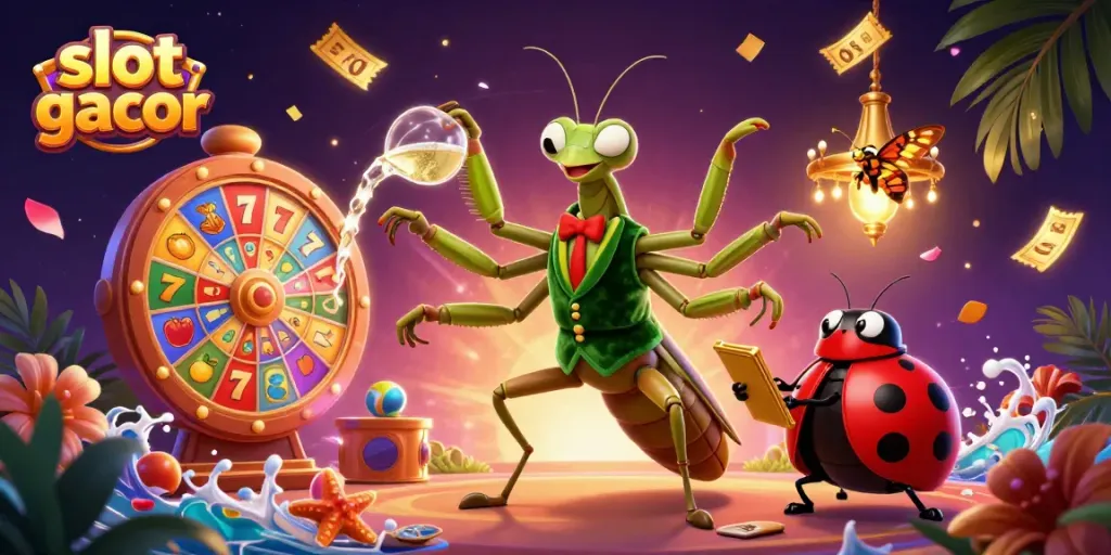 Slot gacor dipenuhi slot reels, simbol buah, dan suasana meriah di kasino