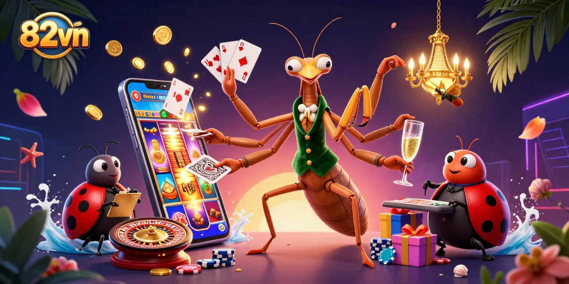 Experience thrilling gameplay at 82vn with a cartoon praying mantis dealer creating excitement at the casino.