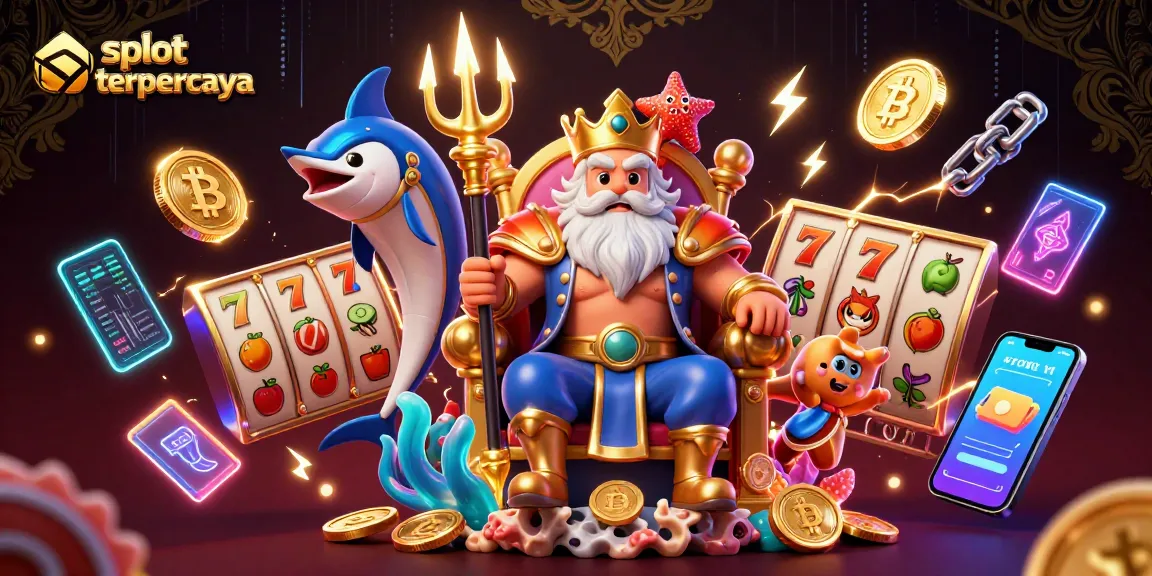 Experience the excitement of slot terpercaya with this vibrant casino-themed illustration featuring Neptune and his companions.