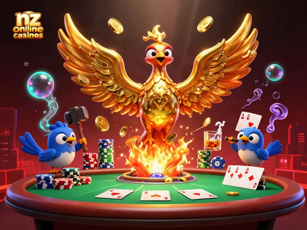 Experience the thrill of nz online casinos with a golden phoenix and poker elements in action.
