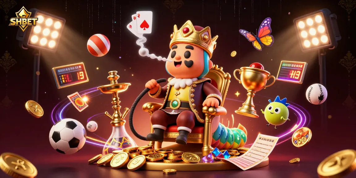 Engage with SHBET's dynamic gaming scene featuring vibrant illustrations of casino elements and sports.