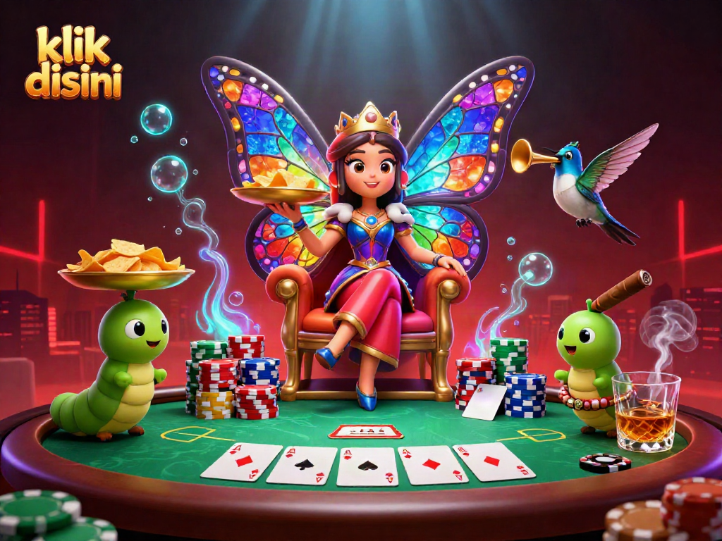 Engage with the captivating scene featuring klik disini, a vibrant butterfly queen amidst casino excitement.