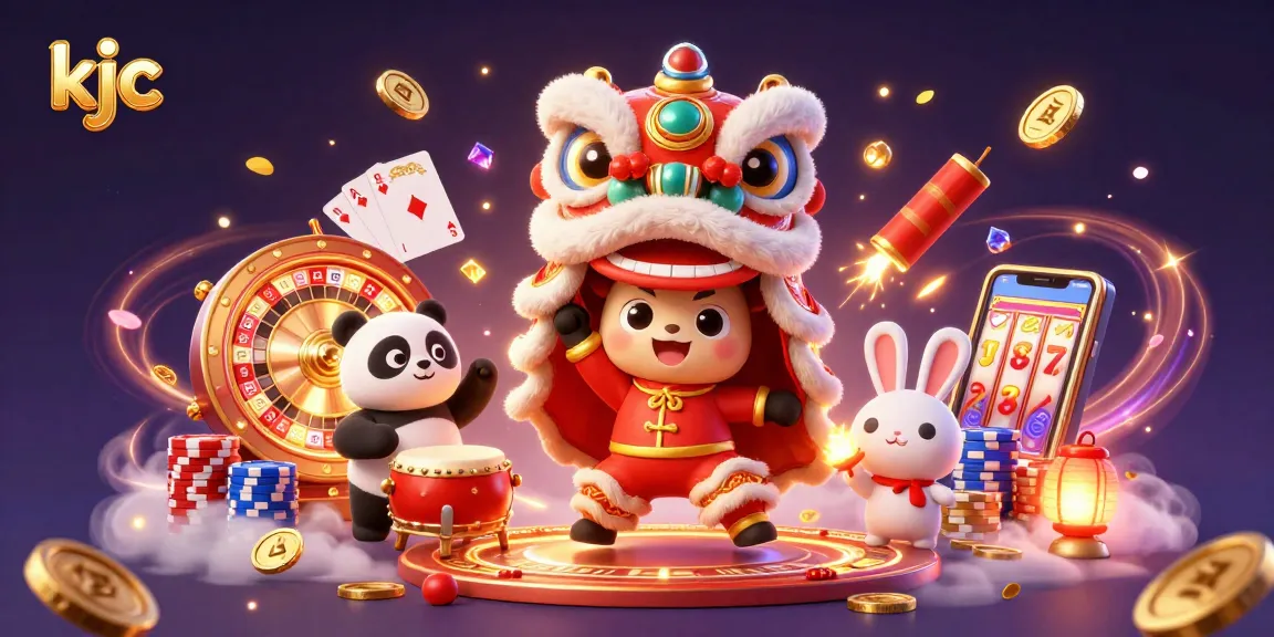 Experience the thrill of KJC's online casino with a lively lion dance and dynamic gaming elements.