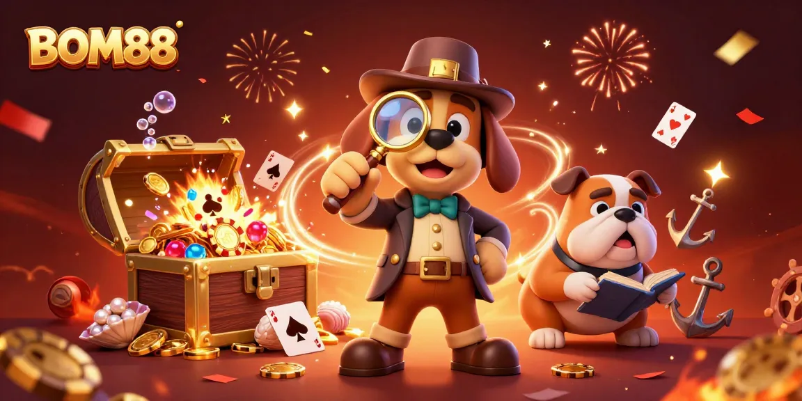 BOM88 engages players with a dynamic casino scene featuring a cartoon detective discovering treasure and gaming elements.