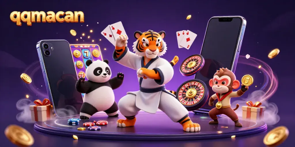 Engage in exciting gameplay with QQMacan's vibrant casino scene featuring a kung fu tiger, panda, and monkey.
