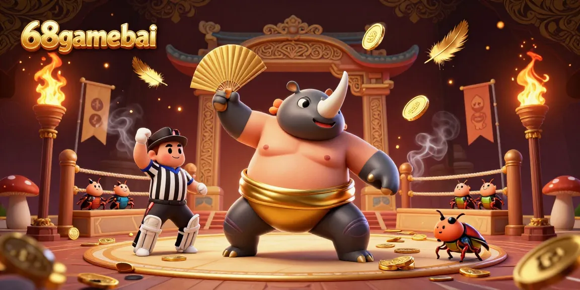 Experience the thrilling action of 68gamebai with an epic sumo beetle showdown in a vibrant casino arena.