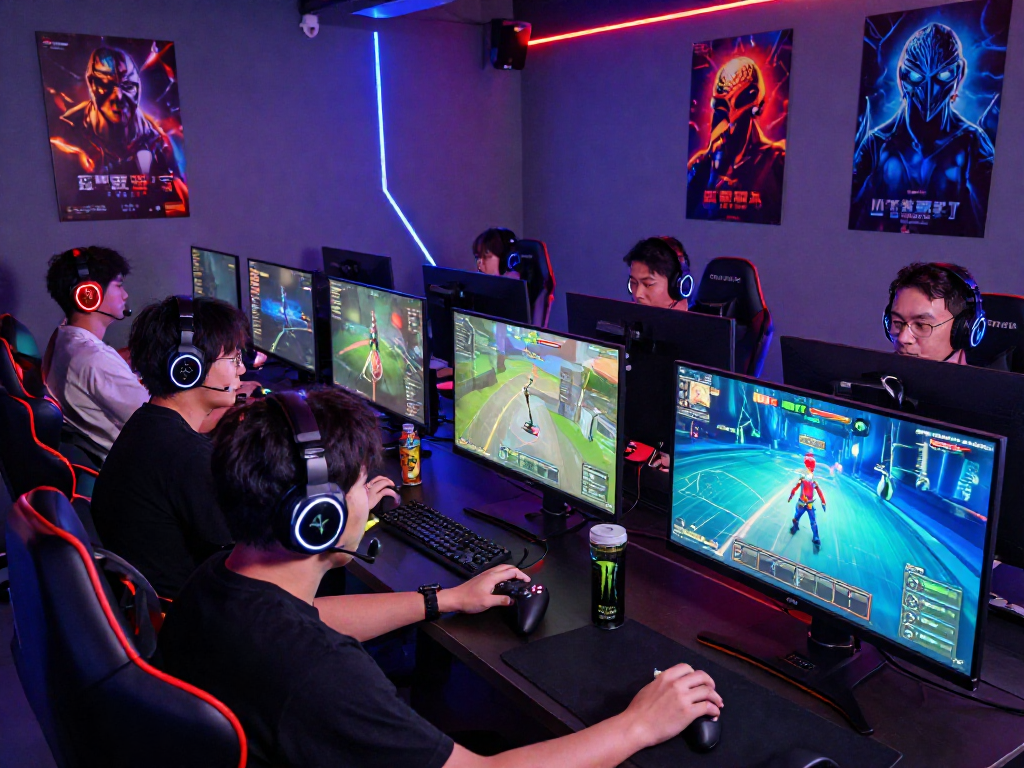 Engaged gamers playing mind control porn games in a vibrant digital gaming environment.