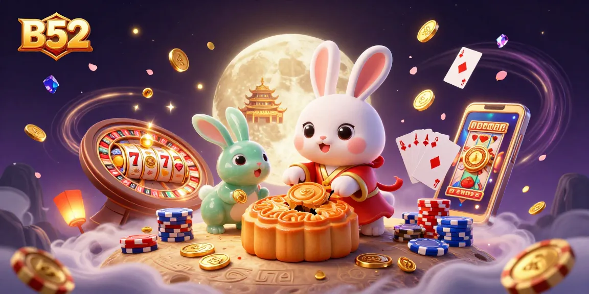 Engage in B52 thrills with a lively casino moon scene filled with golden mooncakes and vibrant slots.