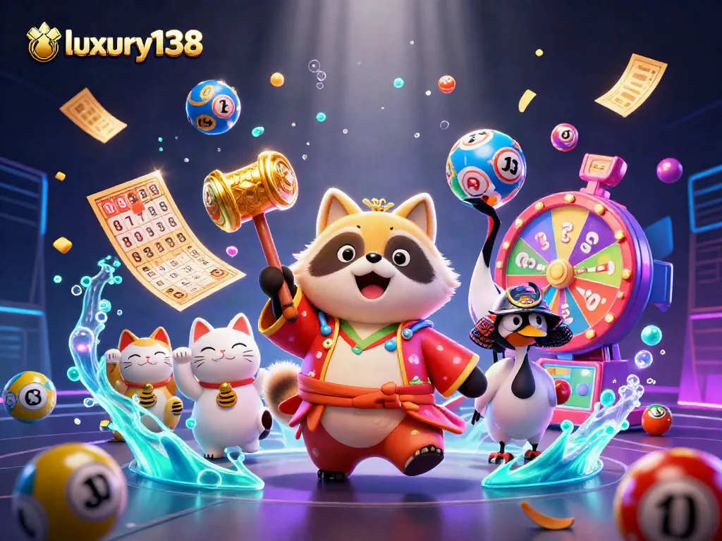 Engage with luxury138 through dynamic lottery and casino elements in this vibrant illustration.