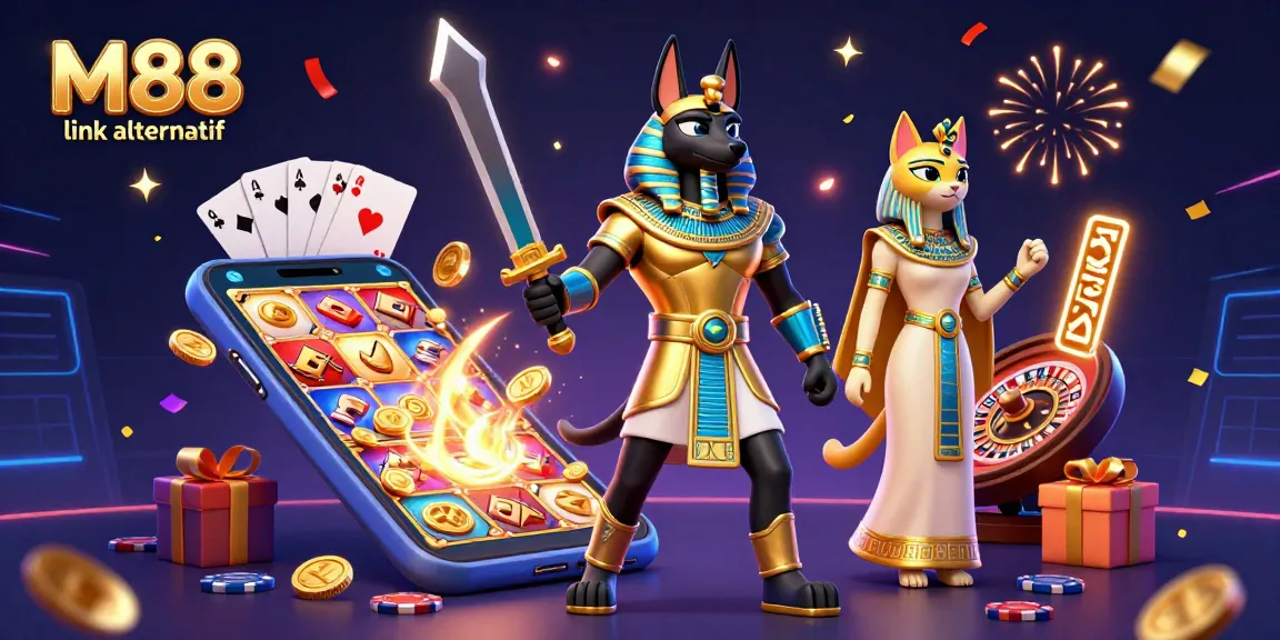 M88 link alternatif menampilkan dua karakter Mesir kuno dan elemen kasino dalam ilustrasi 3D yang meriah.