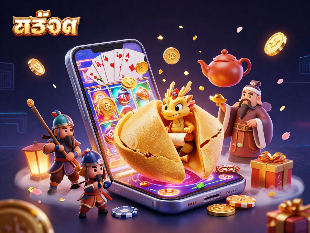 Spin exciting สล็อต reels with a golden fortune cookie, a wise dragon, and vibrant casino elements!