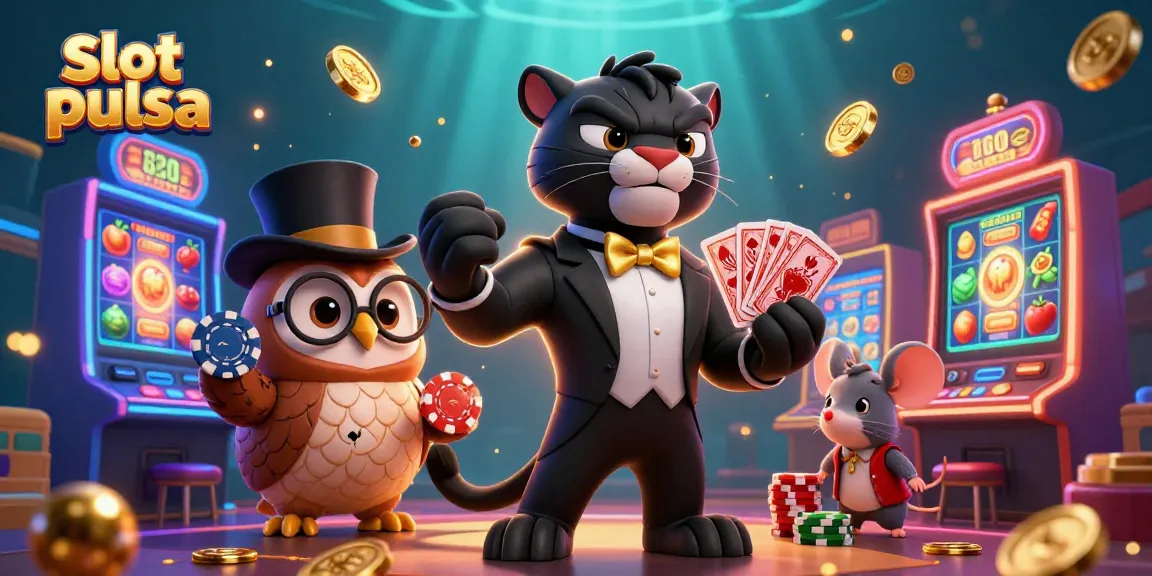 Engage with exciting slot pulsa games featuring charming characters in a vibrant casino scene.