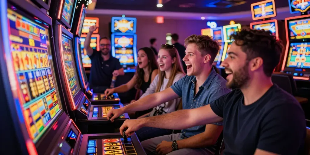 Players celebrating a slot jackpot win at a casino, filled with excitement and colorful lights