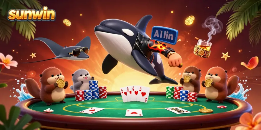 Experience winning moments at sunwin with a vibrant scene featuring playful characters and exciting poker action.