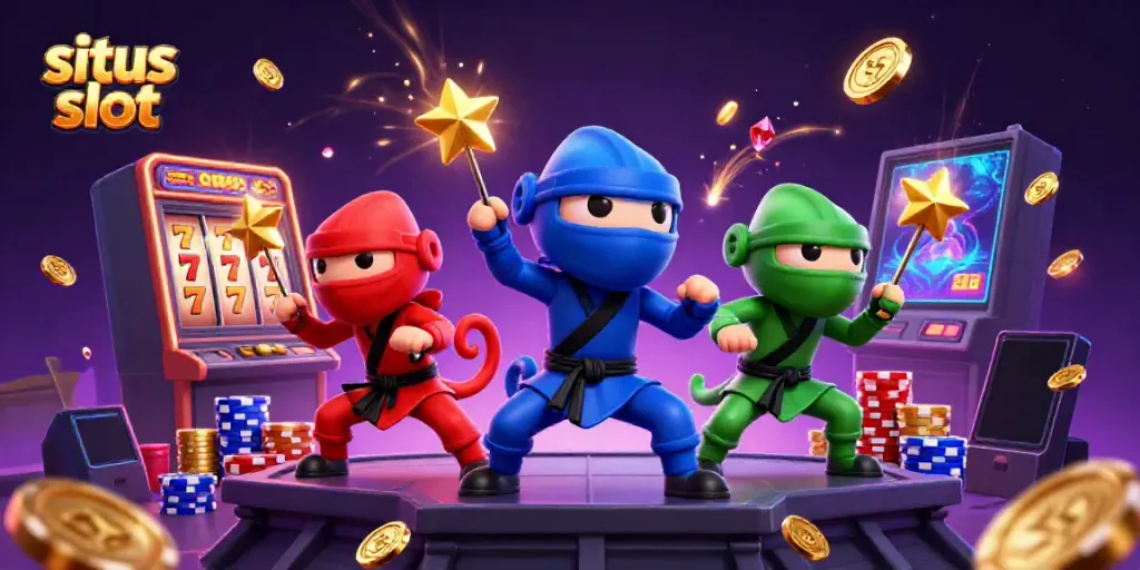 Synchronized chameleon ninjas celebrate wins on situs slot, showcasing vibrant casino themes and slot symbols.
