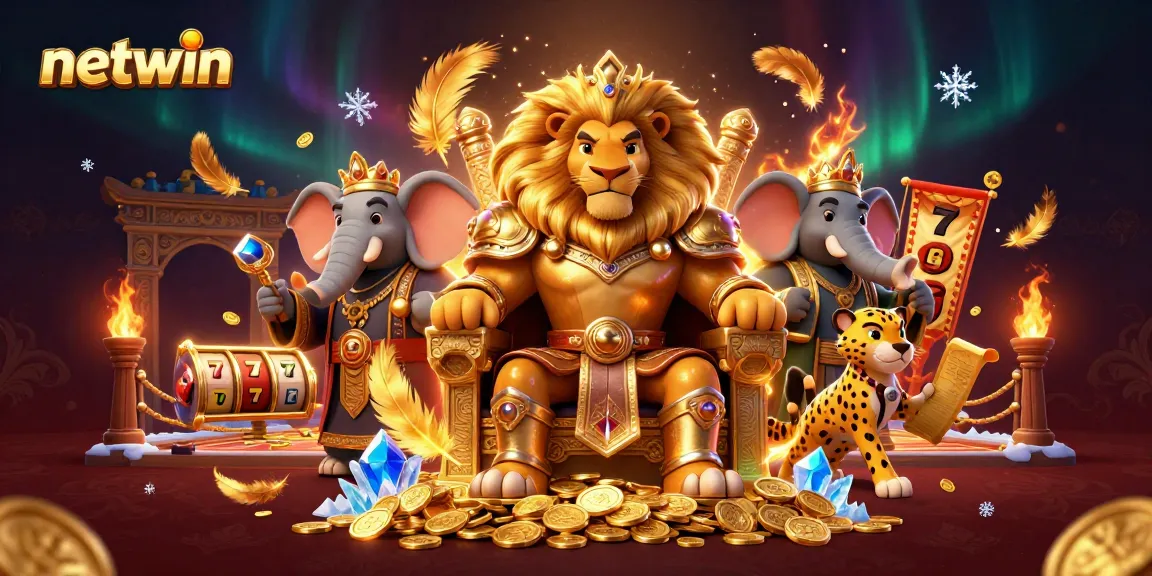 Experience the excitement of netwin with a lion king, wise elephant, and cheetah in a dynamic casino setting.