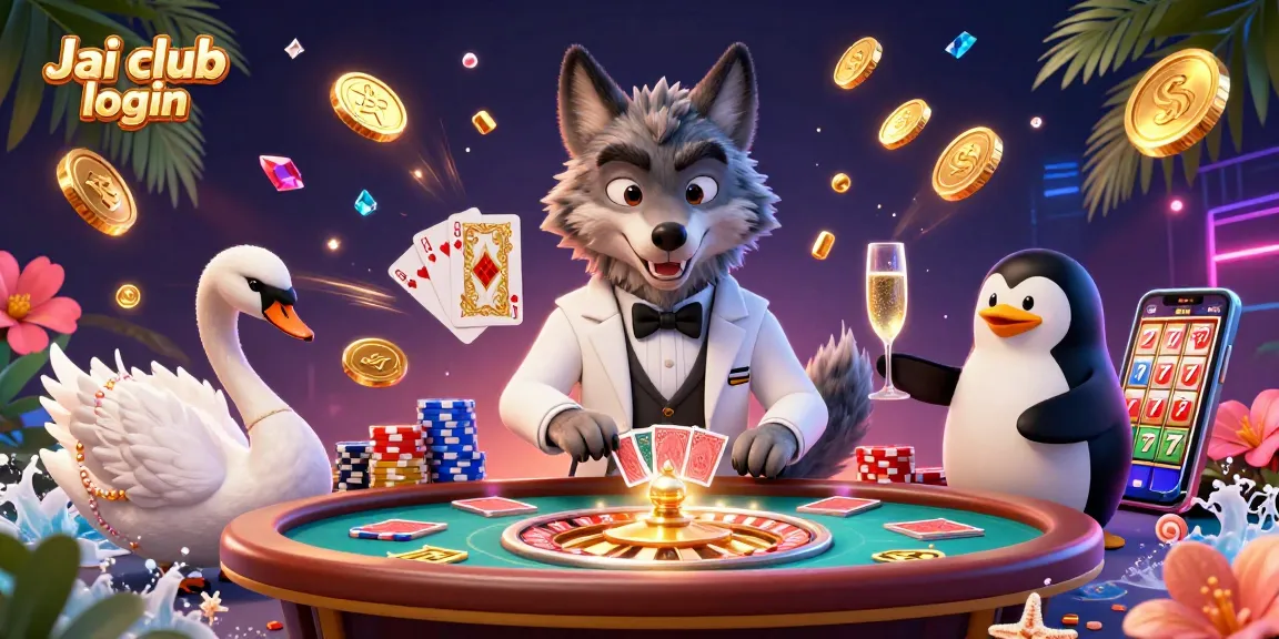 Experience the thrill of Jai club login with lavish 3D casino characters celebrating at a baccarat table, surrounded by dazzling elements.