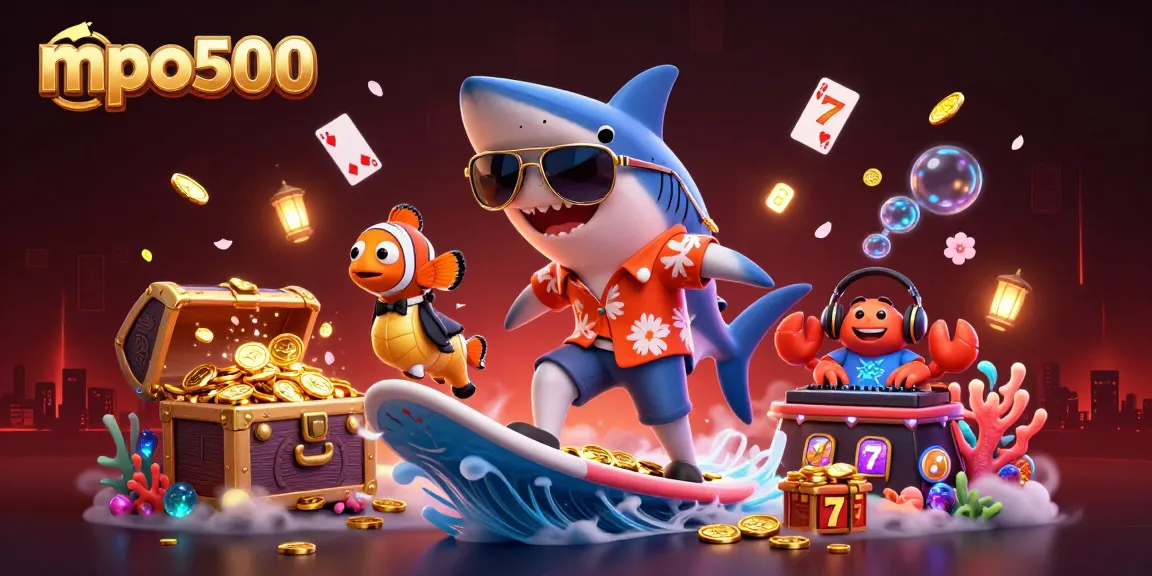 Surf thrilling slots with mpo500 as a hammer-head shark rides gold coins, surrounded by vibrant underwater elements.