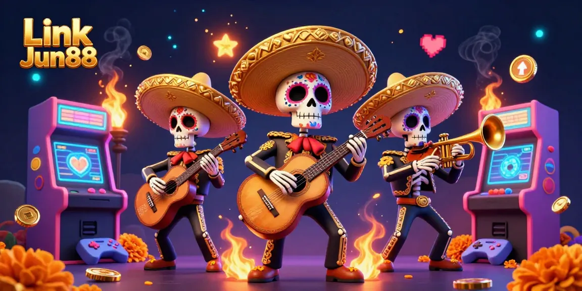 Experience the thrill of gaming with Link Jun88, featuring vibrant 3D casino elements and lively mariachi characters.