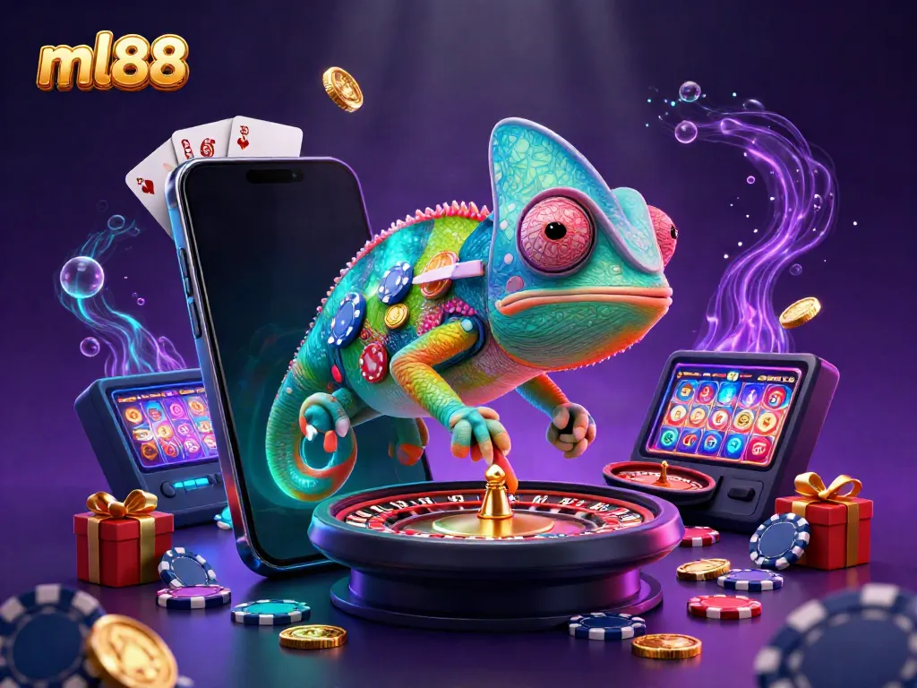 Experience the excitement of ml88 with a vibrant 3D chameleon casino owner and slot game elements.