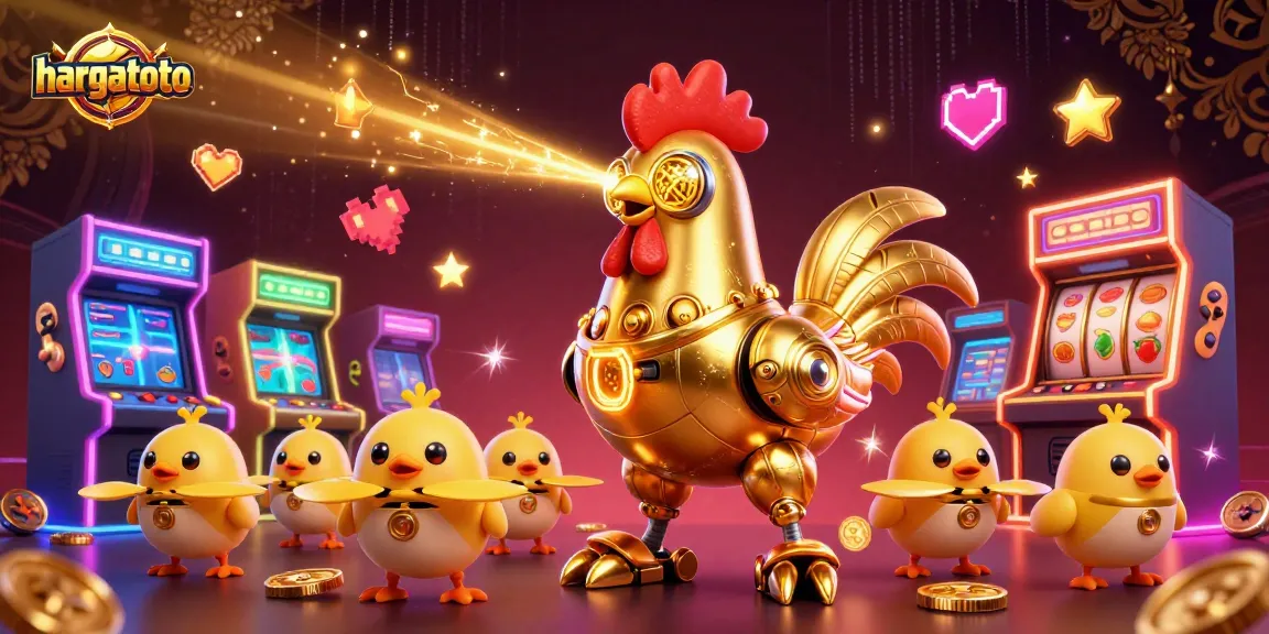 Experience the excitement of hargatoto with a dynamic illustration featuring a golden rooster robot and slot game elements.