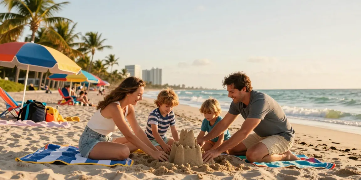 Keluarga bahagia di pantai Miami, membangun istana pasir bersama, suasana hangat dan penuh warna, https://miami4d.com/.
