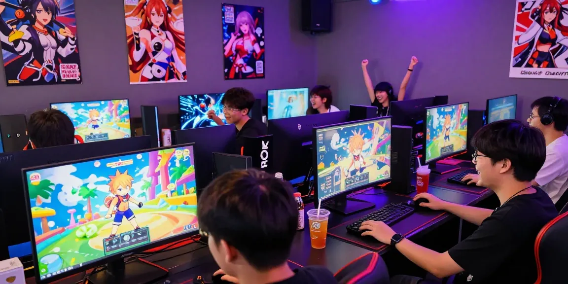 Engaged gamers playing hentai games in a vibrant gaming café, capturing the excitement and community spirit.