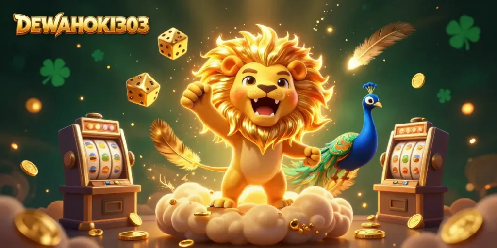 DEWAHOKI303 menampilkan slot gacor dengan simbol berkilau dan dadu emas yang bergulir.