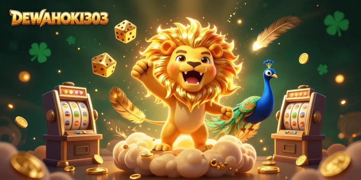 DEWAHOKI303 menampilkan slot gacor dengan simbol berkilau dan dadu emas yang bergulir.
