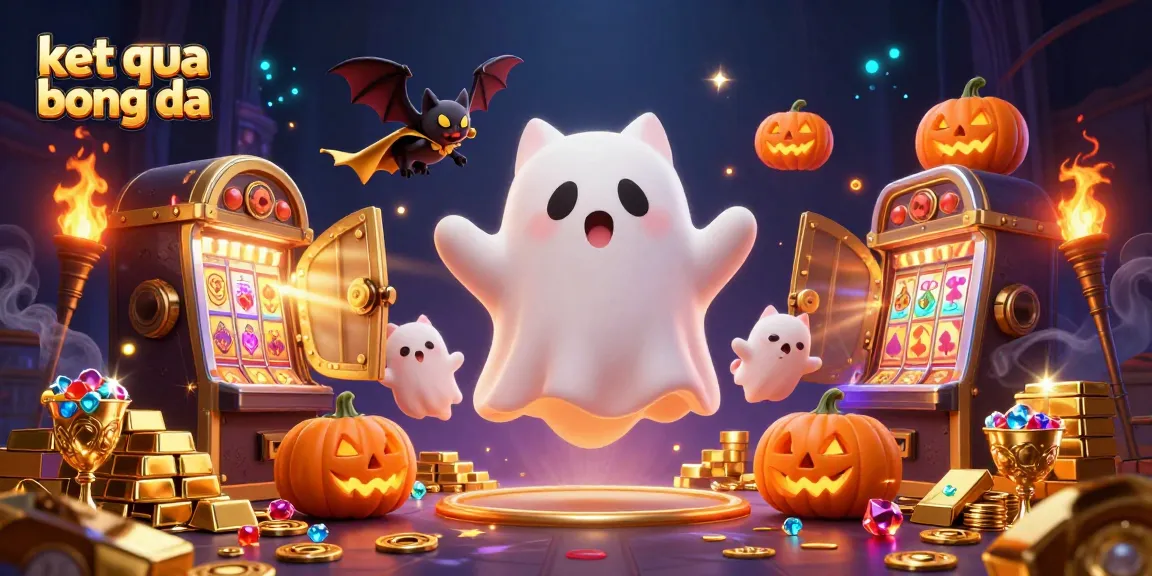 Experience the excitement of ket qua bong da with a ghost cat and vampire bat amidst glowing treasure in a casino