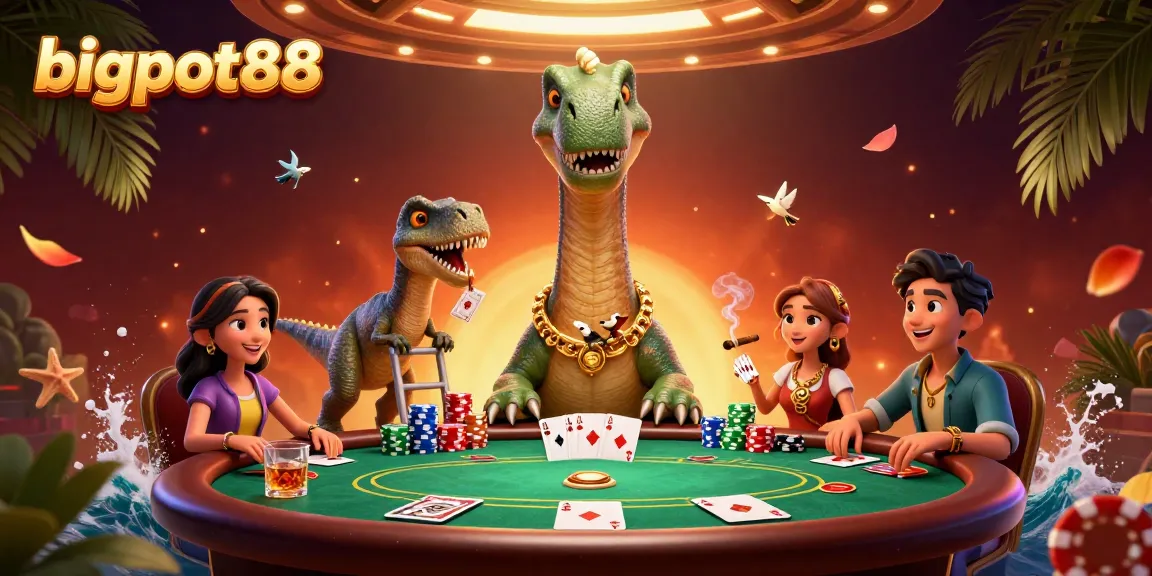 Experience the thrill of bigpot88 with a fun casino scene featuring a dinosaur and poker elements.