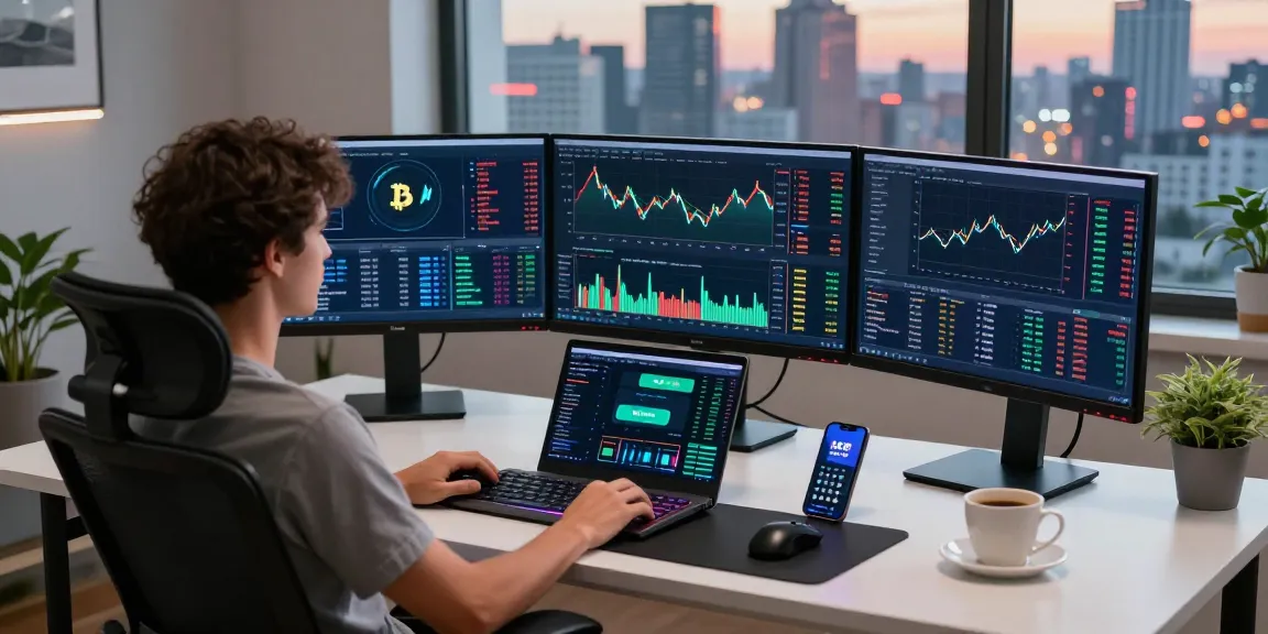Play exchange cryptocurrency trading monitors and devices highlighting blockchain interactions