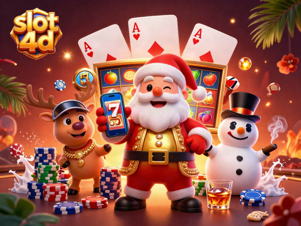 Menangkan slot 4D dengan Santa Claus dan teman-temannya dalam ilustrasi kasino meriah.