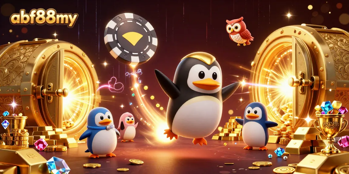 Experience the thrill of afb88my with a golden penguin racing toward a dazzling casino!
