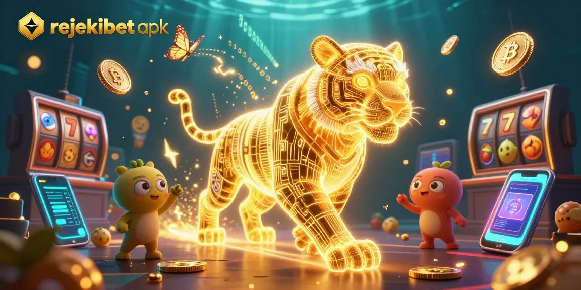 Engage with the rejekibet apk in an energetic casino scene, featuring a golden tiger and holographic visuals