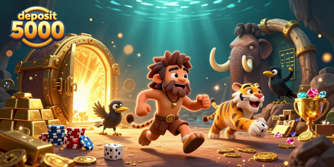 Experience thrilling gaming with deposit 5000 at a lively prehistoric casino featuring sabertooth tiger, caveman, and crow.