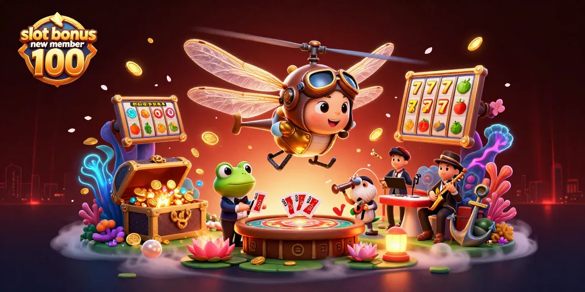 Engage with slot bonus new member 100 at the dynamic lily pad casino featured in vivid 3D illustration.