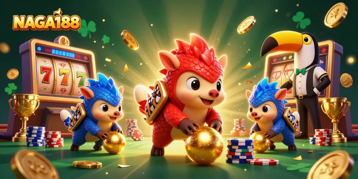 NAGA188 menawarkan ilustrasi kasino yang kaya dengan pangolin bertanding, elemen slot, dan tumpukan chip poker.