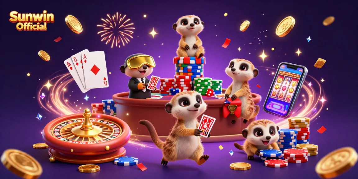 Engage with Sunwin Official as meerkats run a lively casino with vibrant elements and casino excitement.