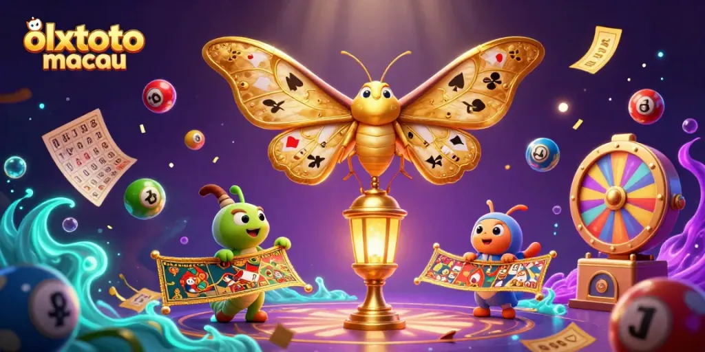Menang di olxtoto macau dengan ilustrasi kasino megah penuh warna dan efek menarik.