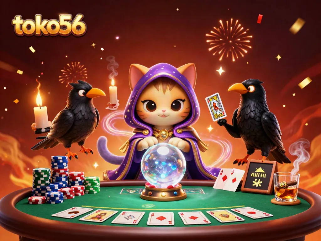 Melihat toko56, kucing mistis meramal kartu di meja poker yang dikelilingi chip berwarna.